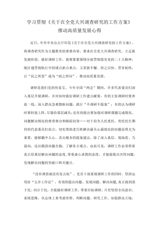 学习贯彻《关于在全党大兴调查研究的工作方案》推动高质量发展心得