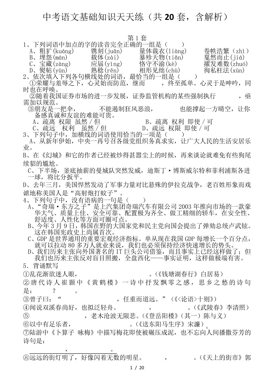 中考语文基础知识天天练(共20套,含解析)_第1页