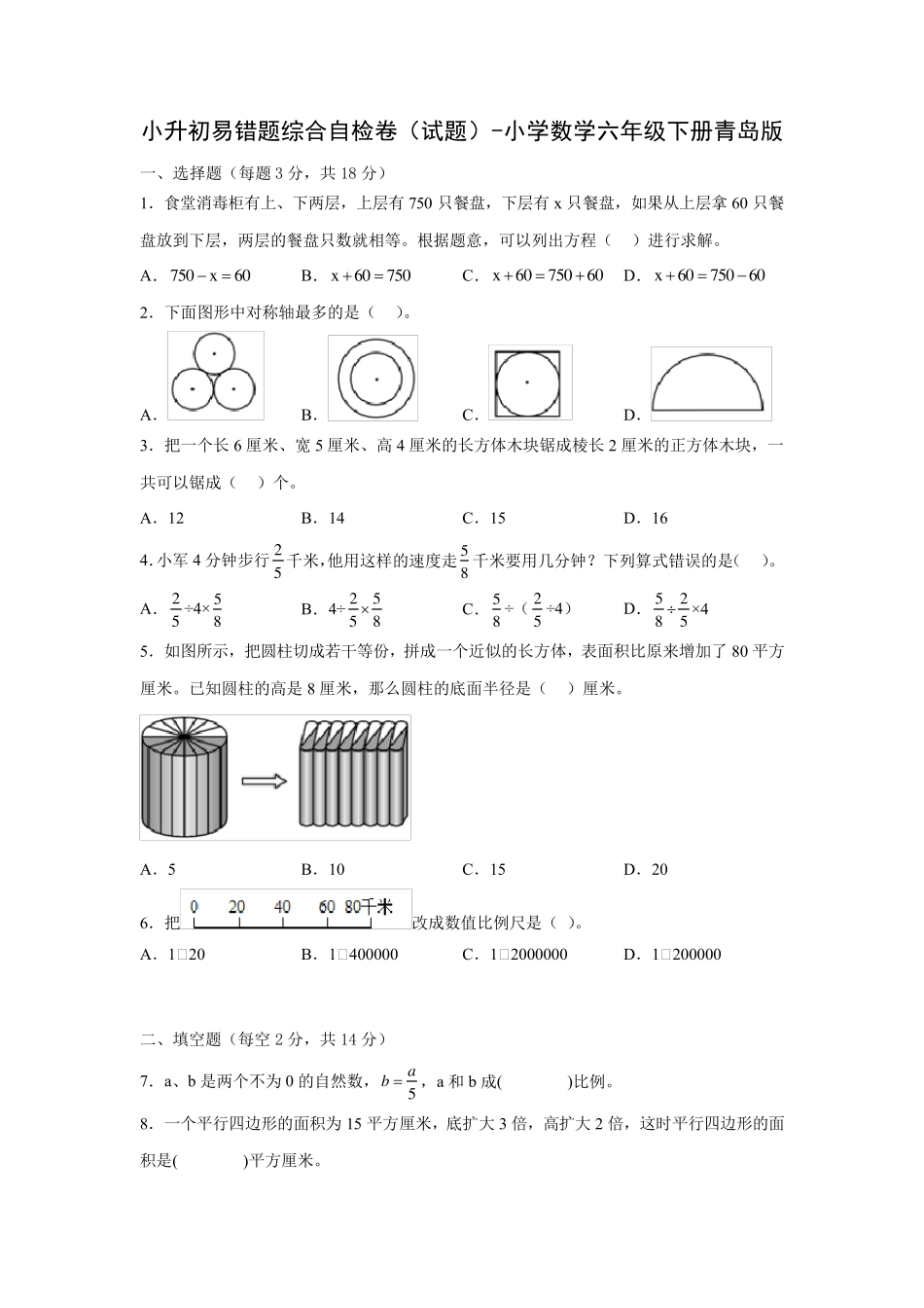 小升初易错题综合自检卷(试题)-小学数学六年级下册青岛版 _第1页
