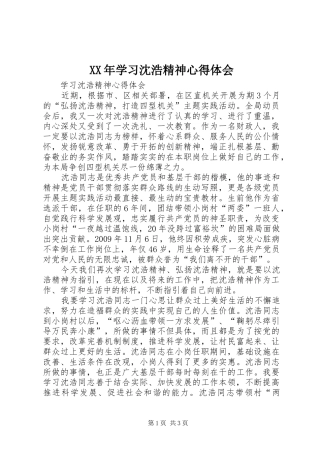 XX年学习沈浩精神心得体会