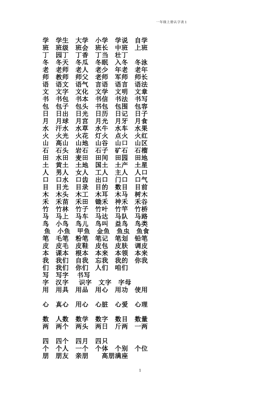 北师大版一年级上册认字表组词、成语_第1页