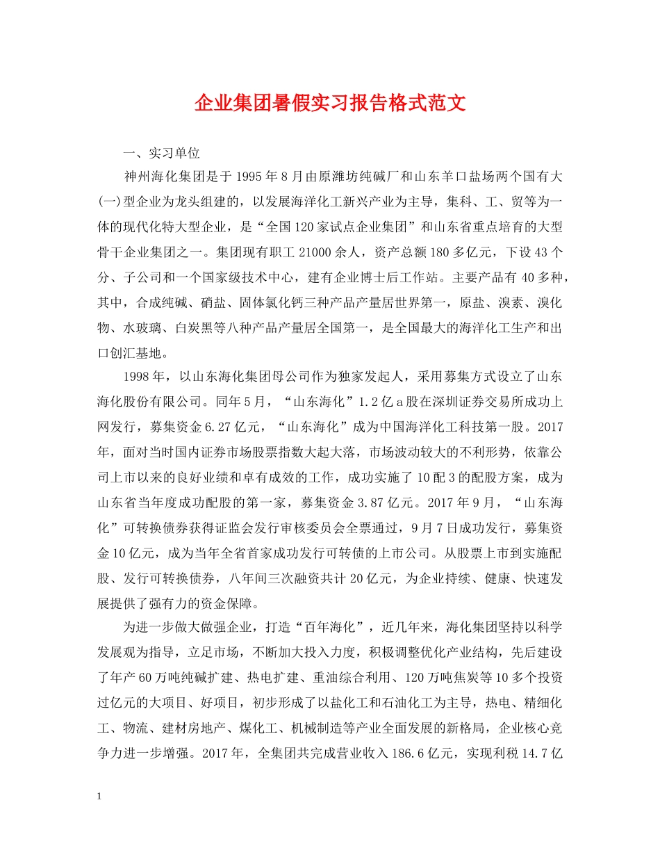 企业集团暑假实习报告格式范文_第1页