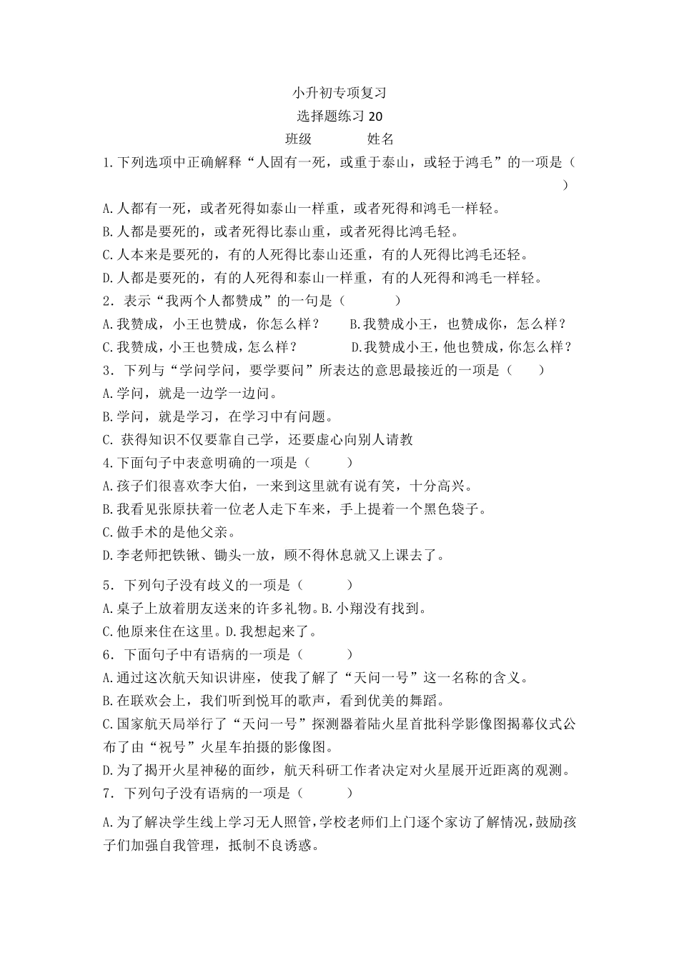 小升初专项复习选择题练习20(试题)部编版语文六年级下册_第1页