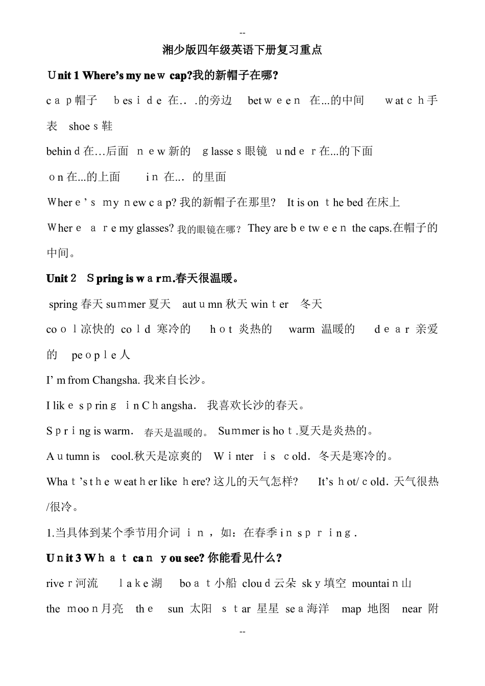 湘少版英语四年级下册知识点_第1页