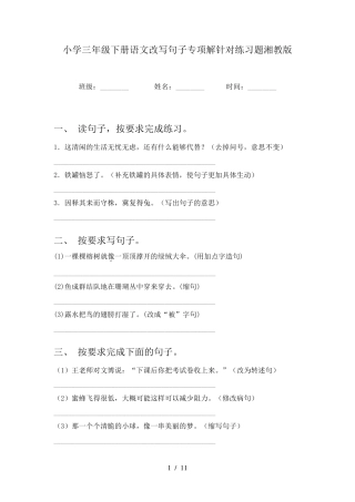 小学三年级下册语文改写句子专项解针对练习题湘教版 