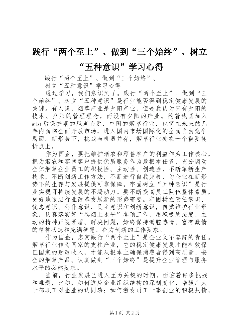 践行“两个至上”、做到“三个始终”、树立“五种意识”学习心得_第1页