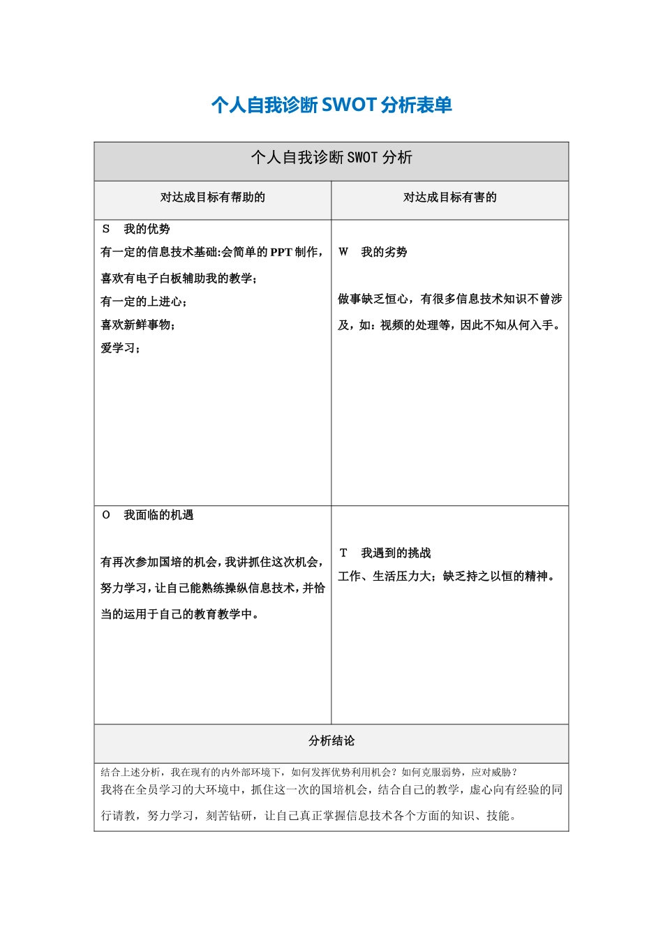 第一步骤所需文档：个人自我诊断SWOT分析表-(12)_第1页