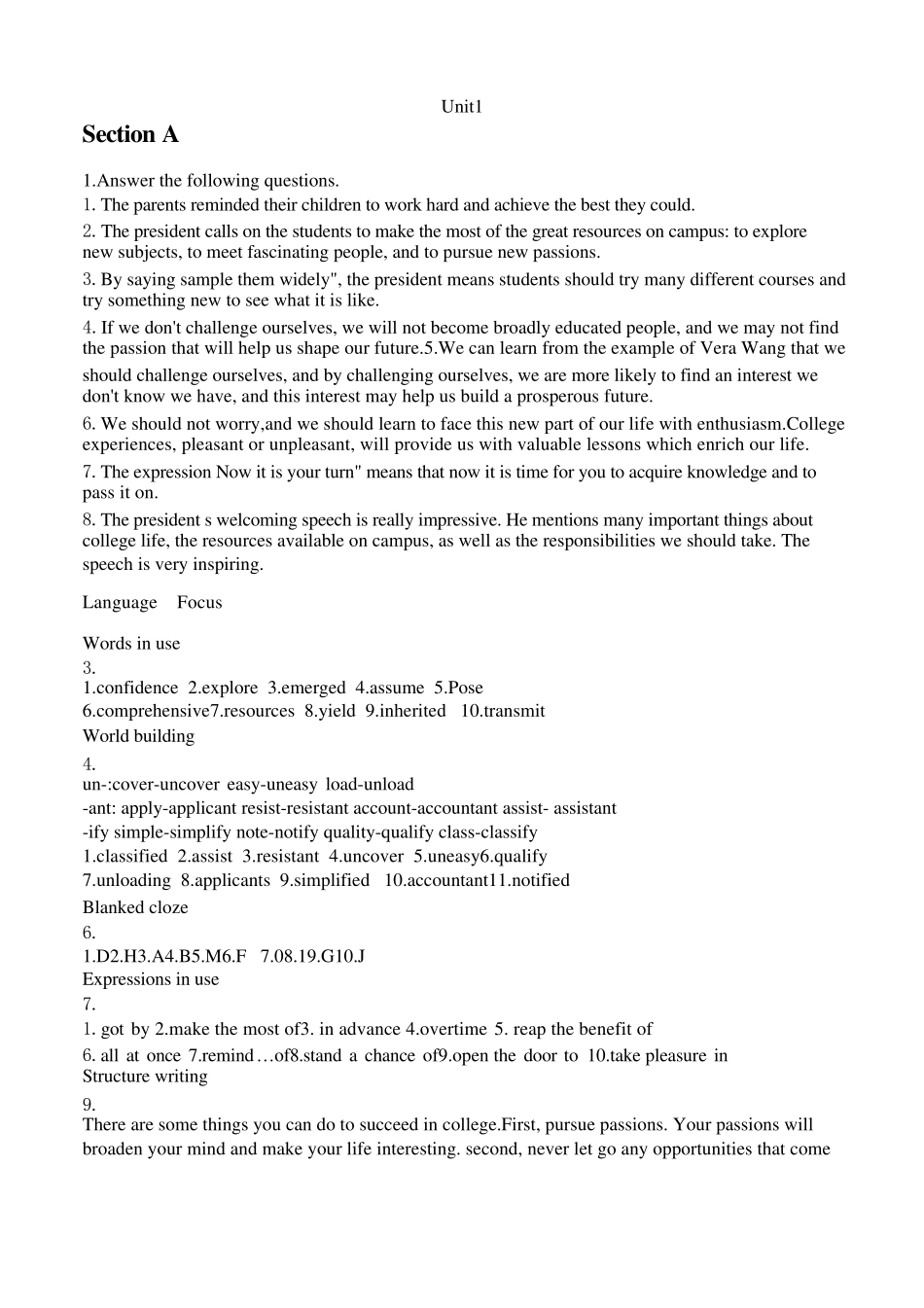 新视野大学英语1(第三版)读写教程课后习题答案 _第1页