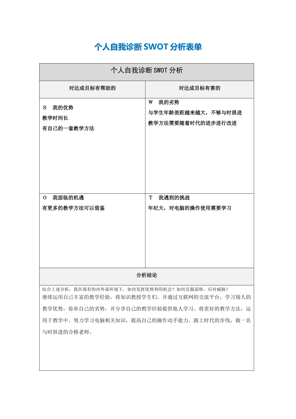 徐松个人自我诊断SWOT分析表_第1页