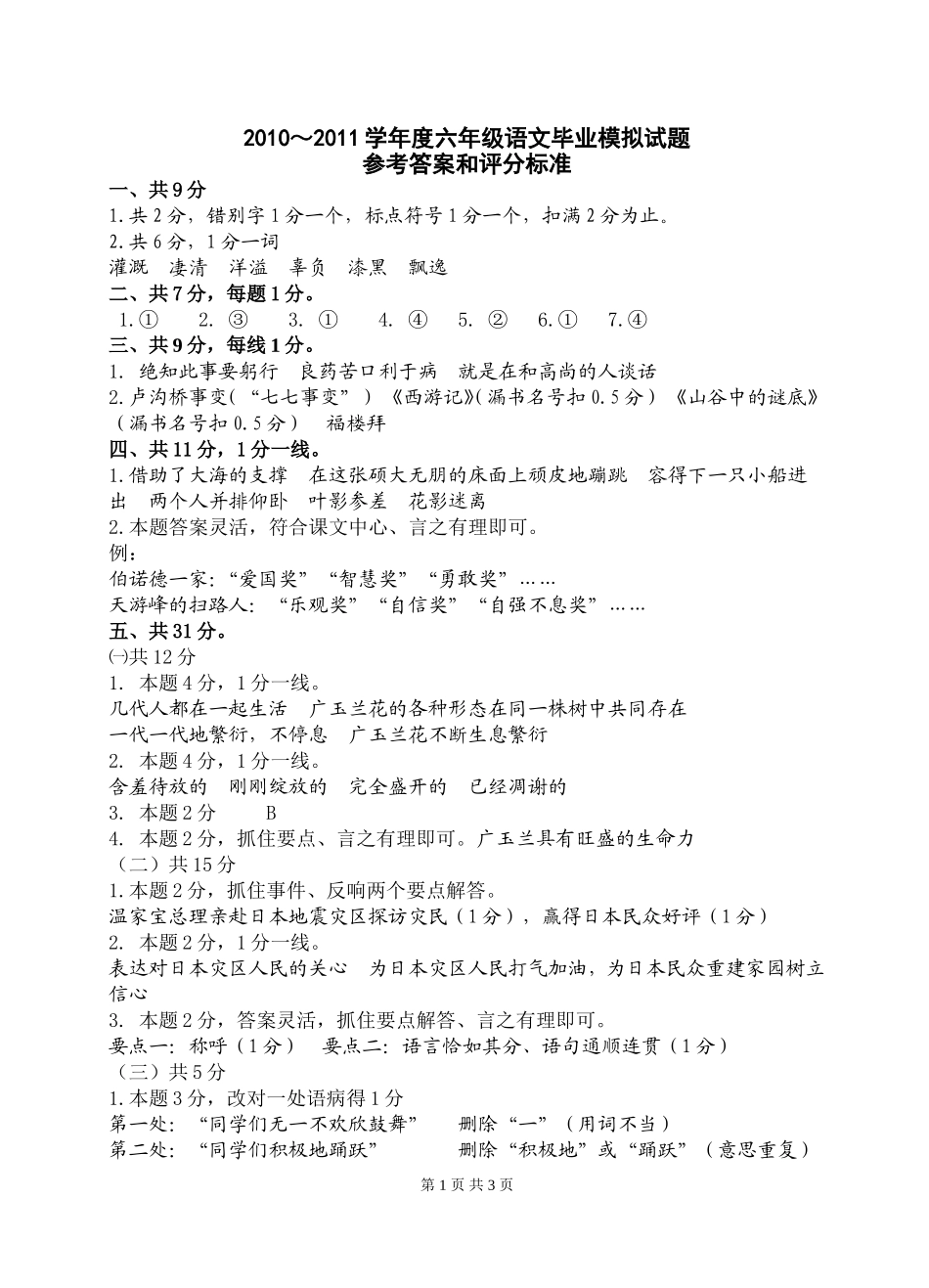 2010-2011学年度六年级语文毕业模拟试题参考答案_第1页