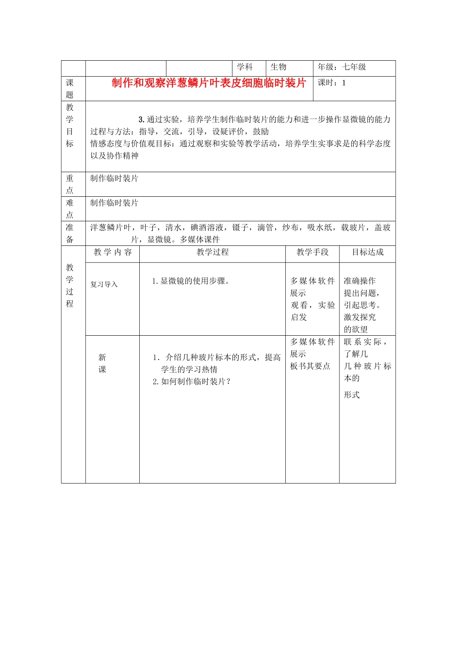 七级生物上册制作和观察洋葱鳞片叶表皮细胞临时装片教案 人教新课标版_第1页