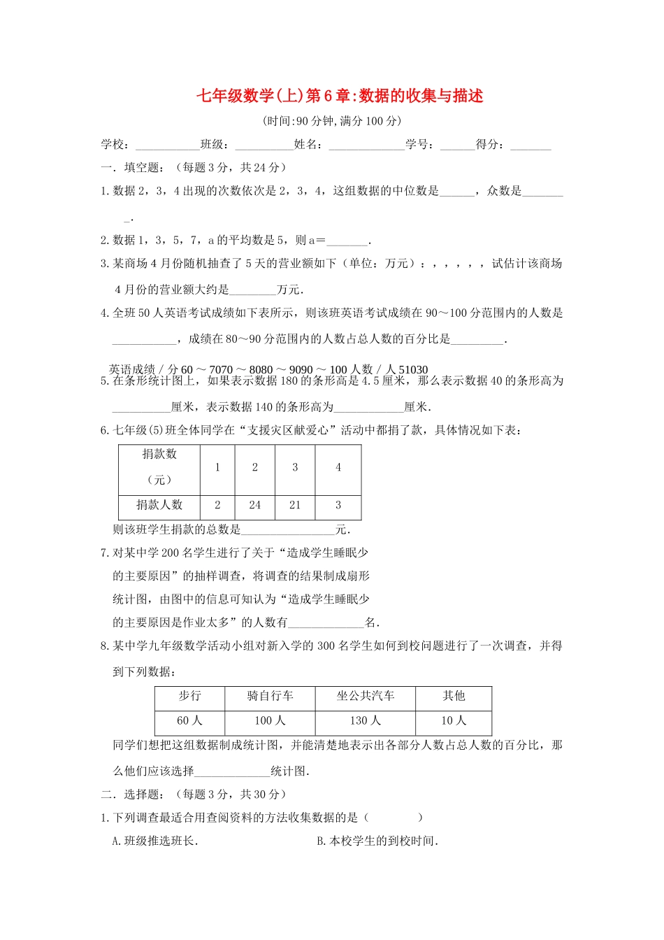 七级数学上册 第6章数据的收集与描述章综合试题 湘教版_第1页