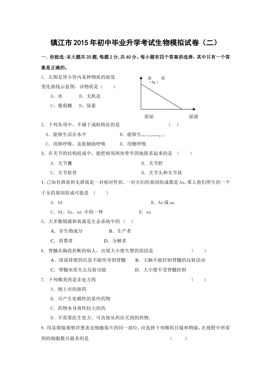镇江市2015年初中毕业升学考试生物模拟试2_第1页