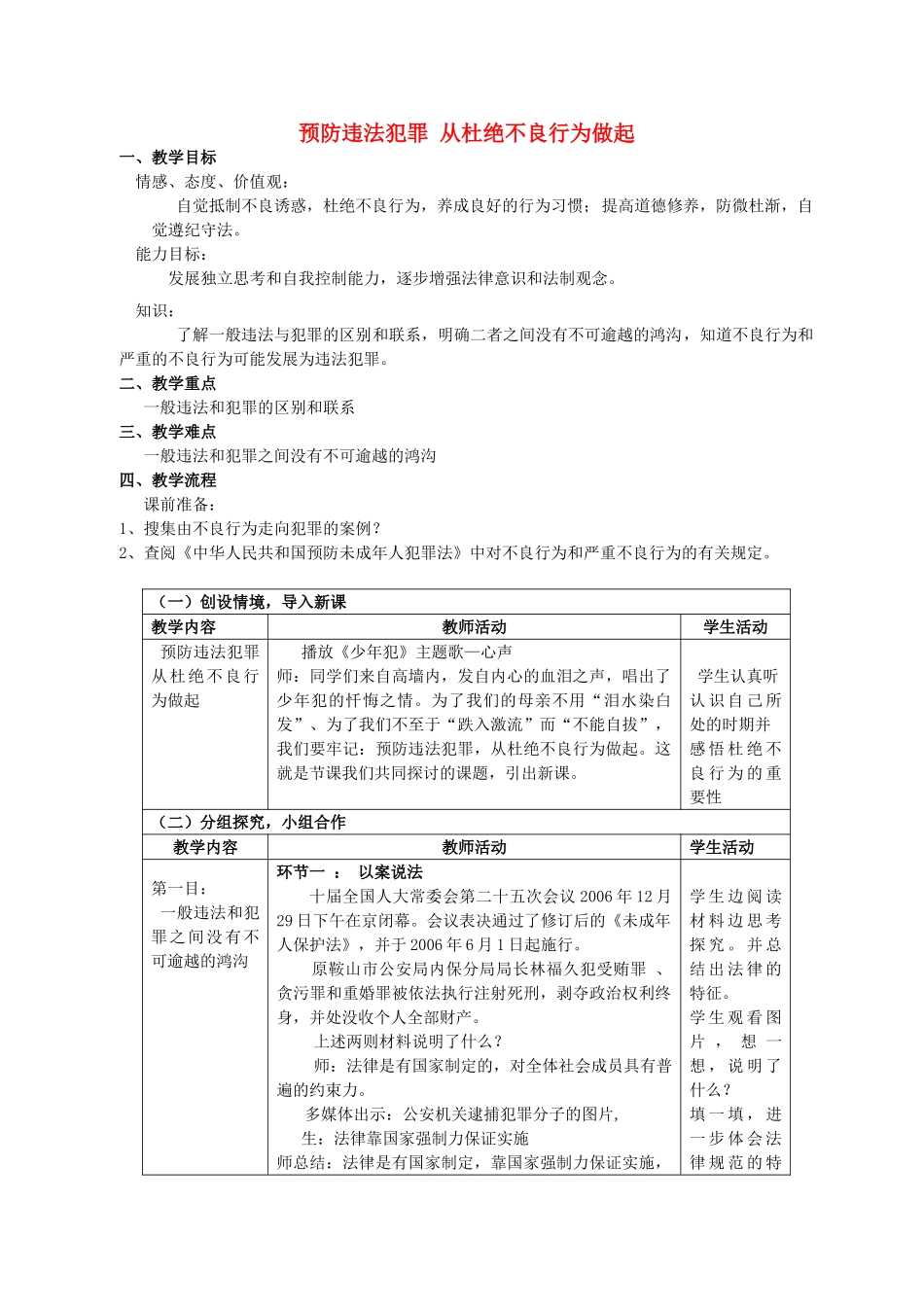 七级政治下册 预防违法犯罪 从杜绝不良行为做起教案 鲁教版_第1页