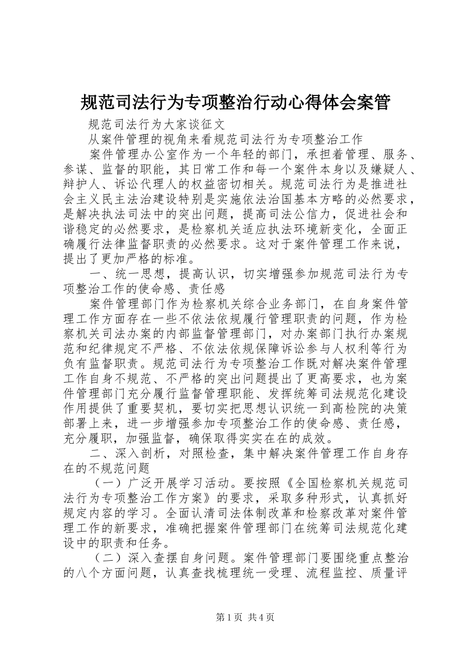 规范司法行为专项整治行动心得体会案管_第1页