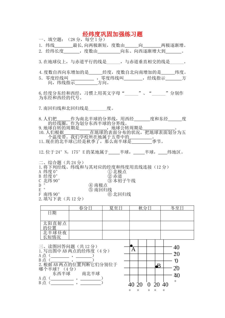 七级地理上册 经纬度巩固加强练习题无答案 人教新课标版_第1页