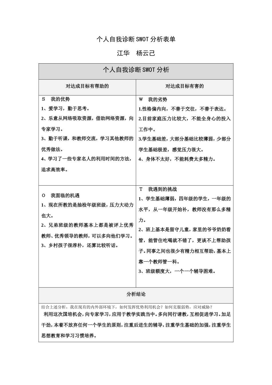 江华-杨云己同志的第一步骤所需文档：个人自我诊断SWOT分析表_第1页