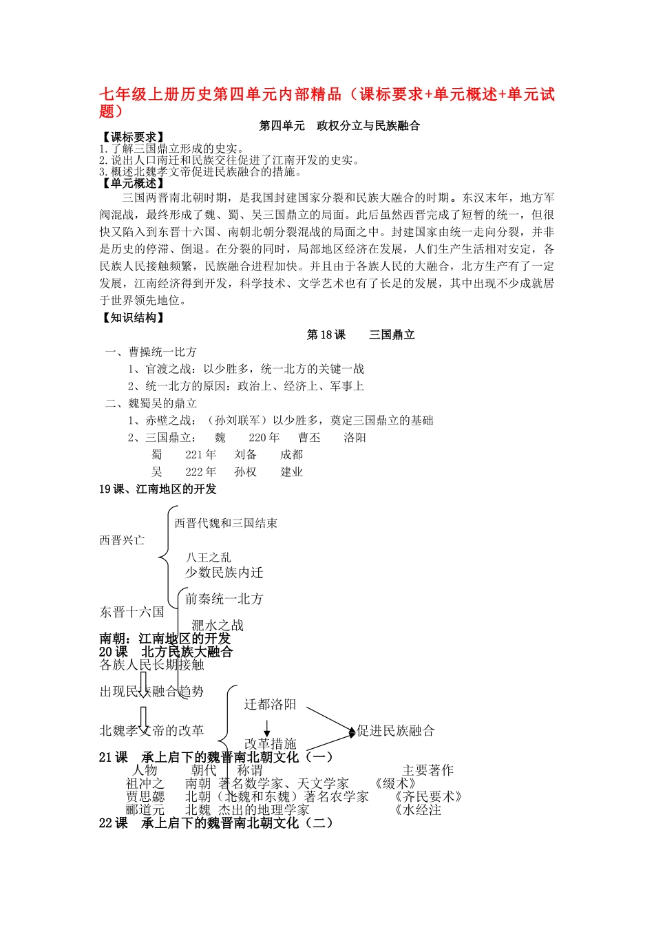 七级历史上册 第四单元课标要求+单元概述+单元试题 人教新课标版_第1页