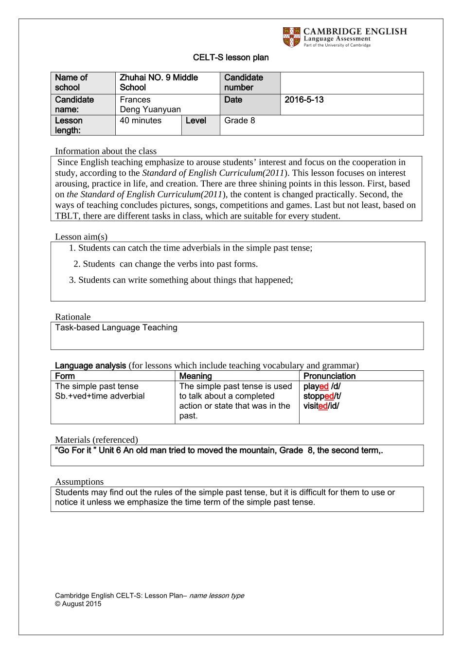 DengYuanyuan-Task-2CELT-S-Lesson-plan-blank-form_第1页