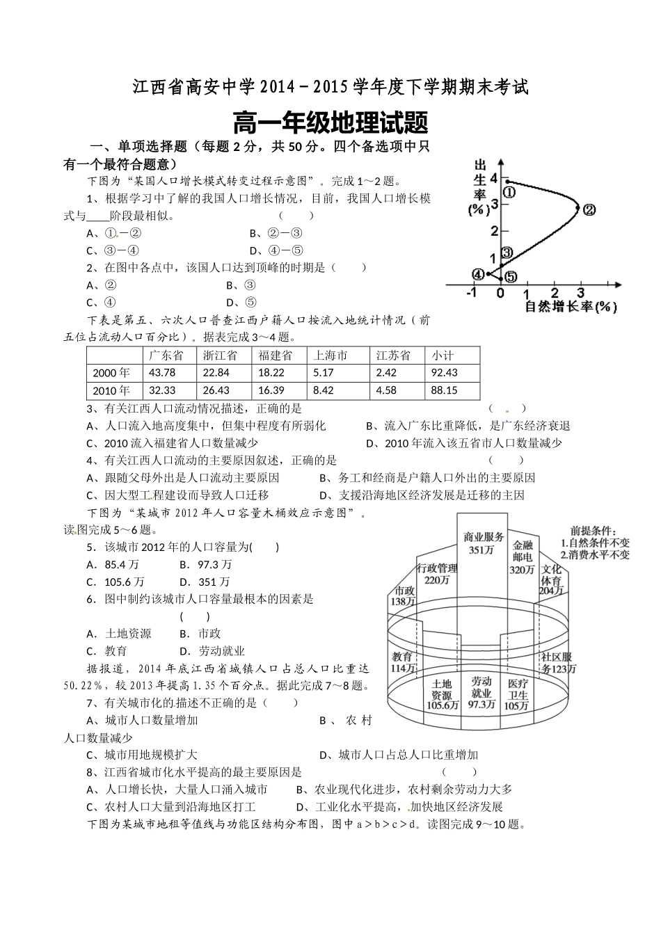 高安中学2014-2015年高一地理下学期期末试题及答案_第1页