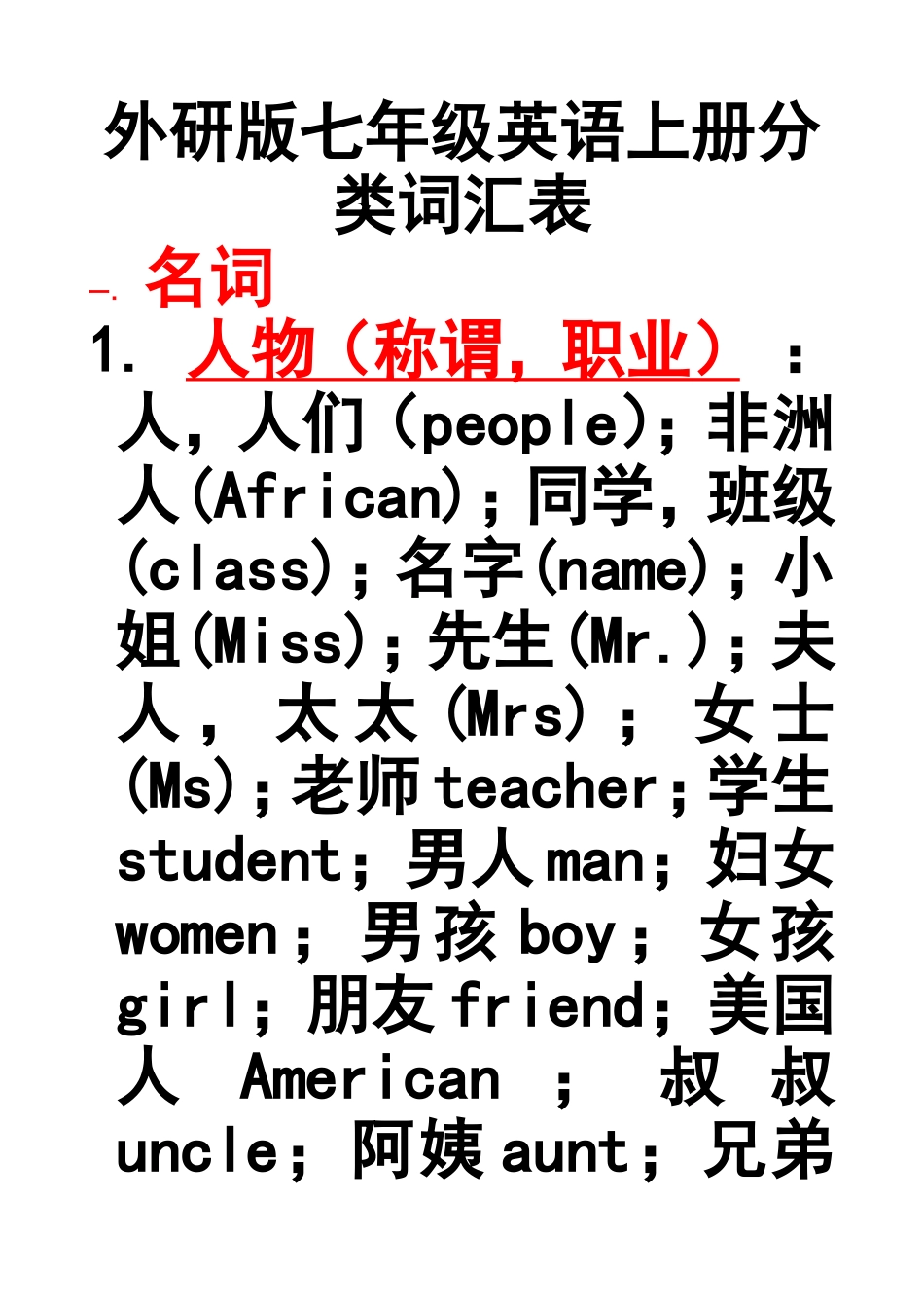 外研版七年级英语上册分类词汇表_第1页
