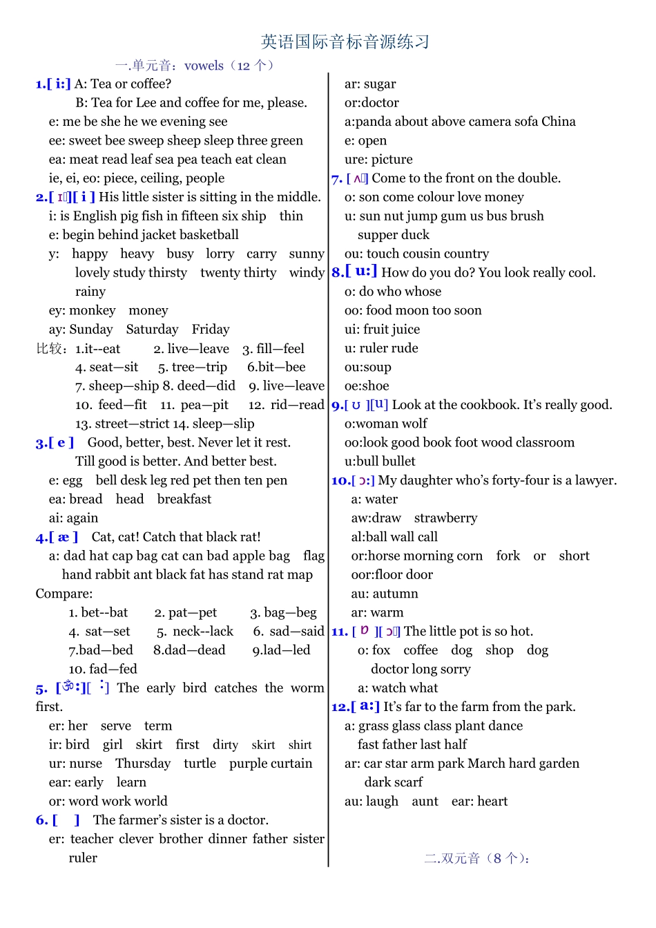 英语国际音标四线三格书写规范和练习题(单元音 双元音 辅音 鼻音 摩精品_第2页