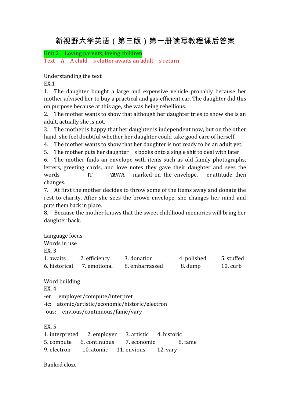 新视野大学英语(第三版)第一册读写教程课后答案Unit2Lovingparent.._第1页