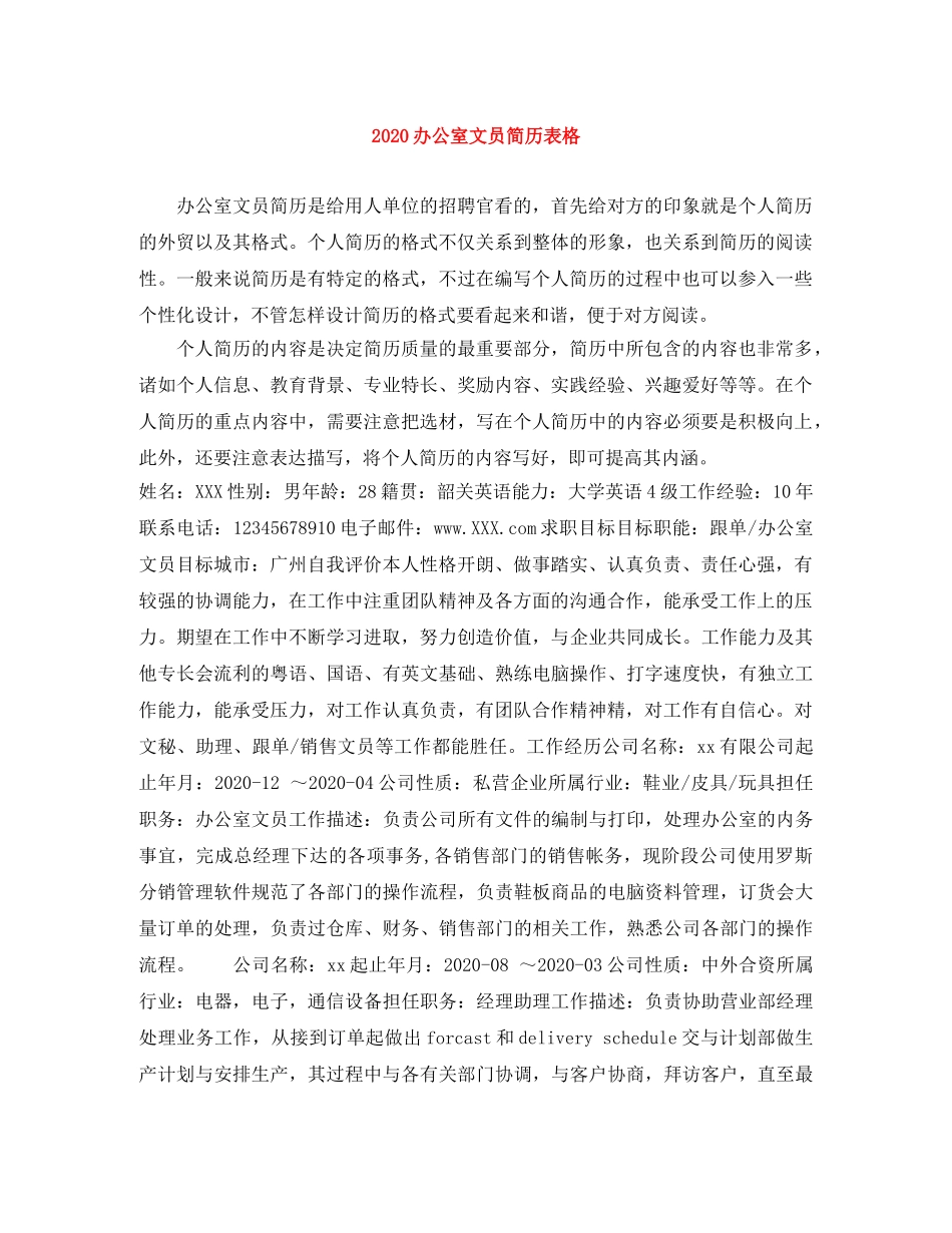 2024办公室文员简历表格_第1页