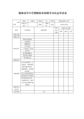 榆林市中小学教师校本研修学分认定申请表(白茹生)