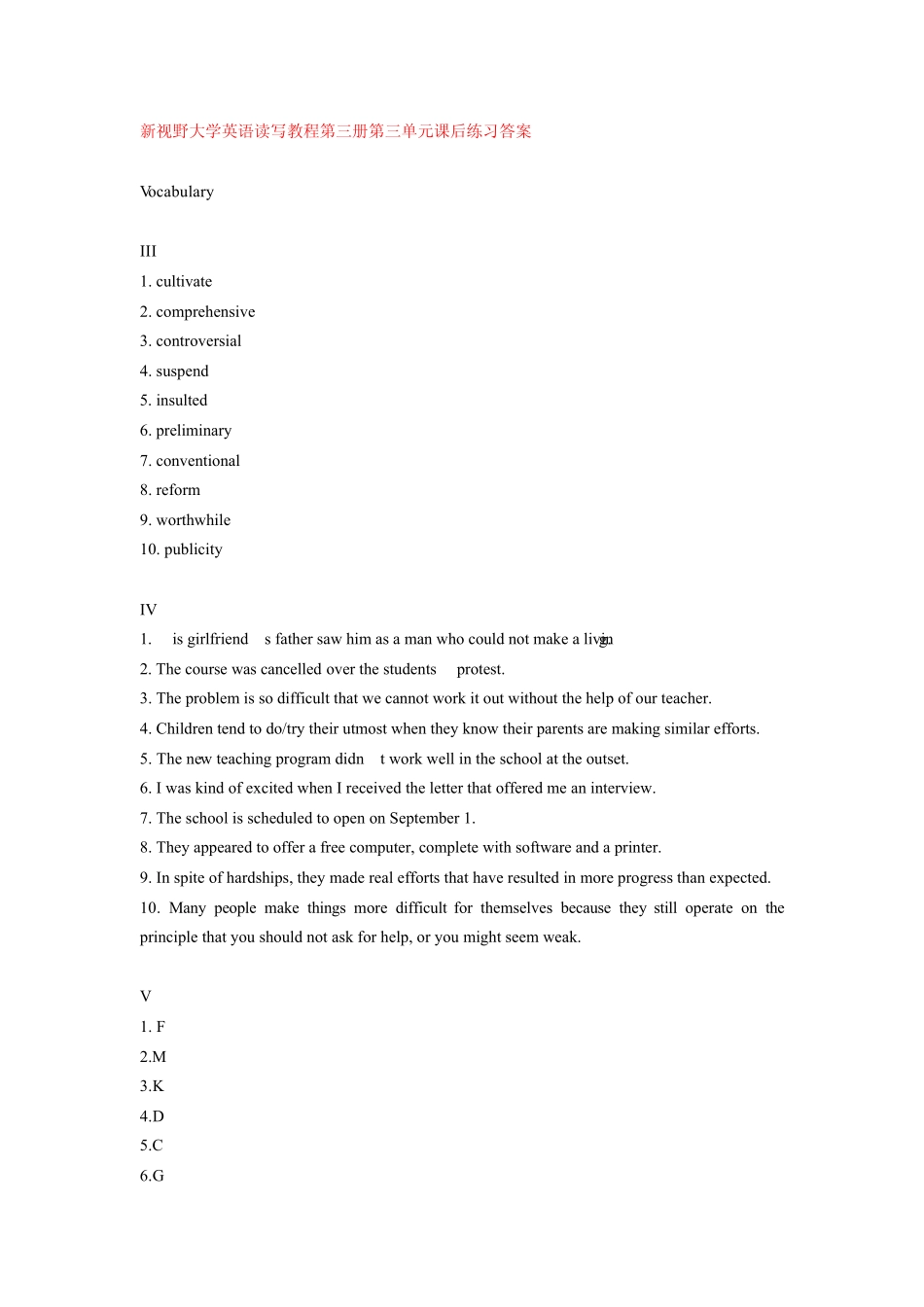 新视野大学英语读写教程第三册第三单元课后练习答案 _第1页