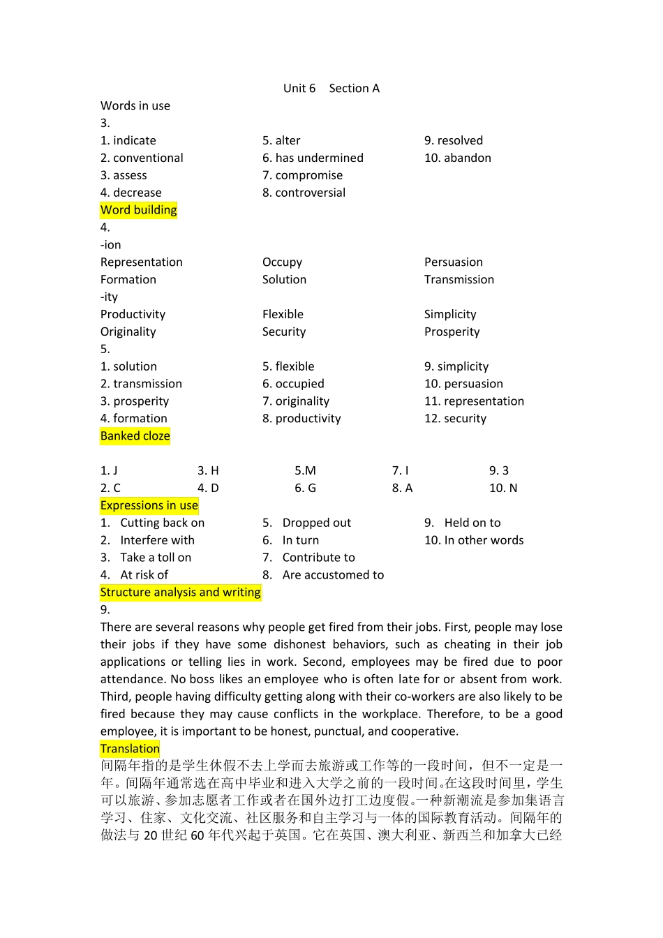 新视野大学英语第三版读写教程第一册第六单元课后练习答案 _第1页