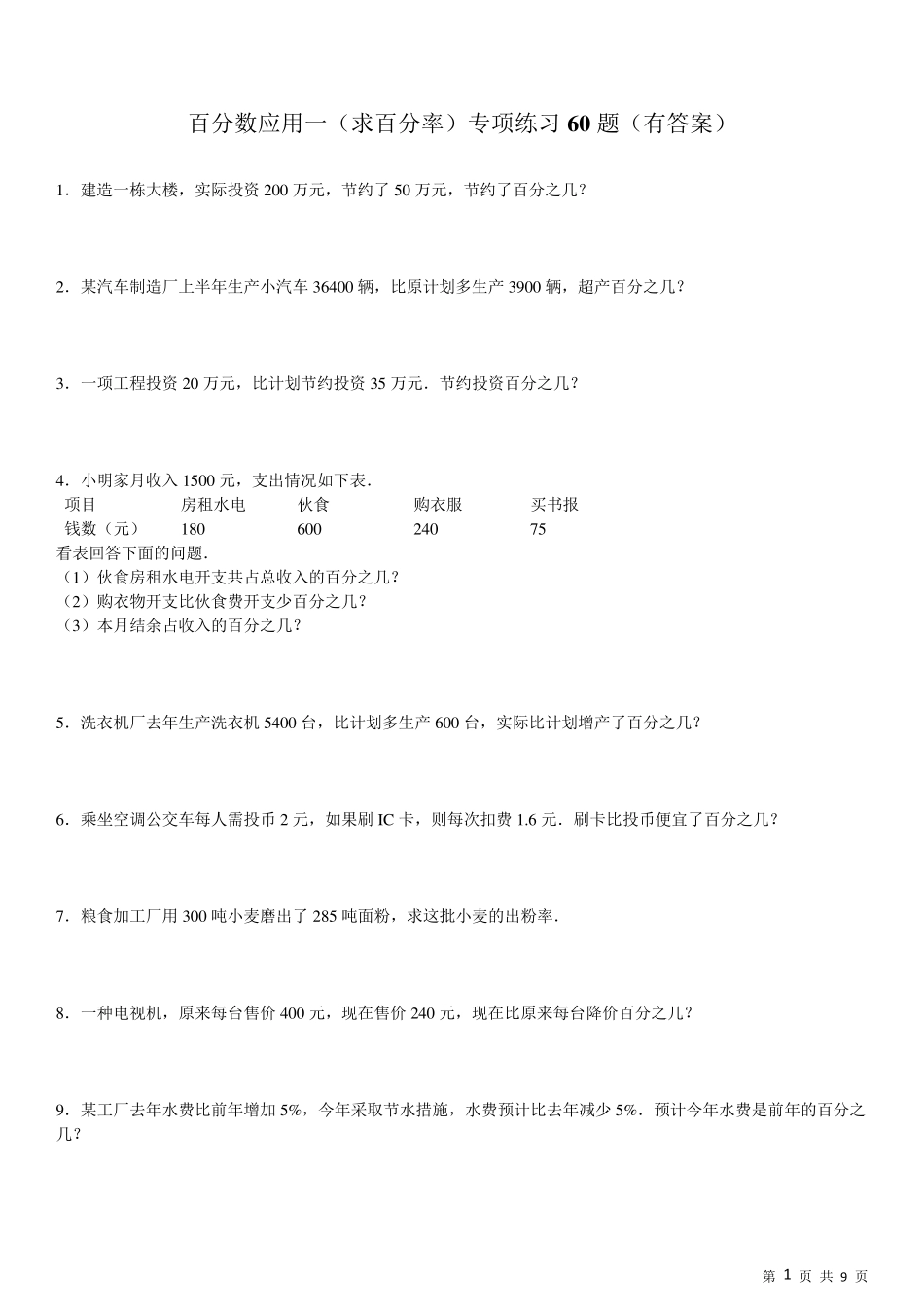 中考数学经典易错题)百分数应用题(1)求百分率专项练习60题(有答案精品_第1页