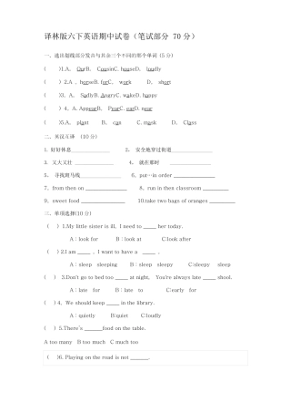 译林版六下英语期中试卷