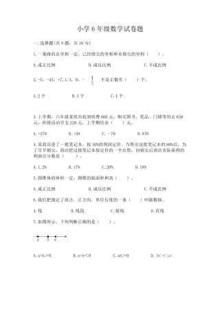 小学6年级数学试卷题及答案(易错题) 