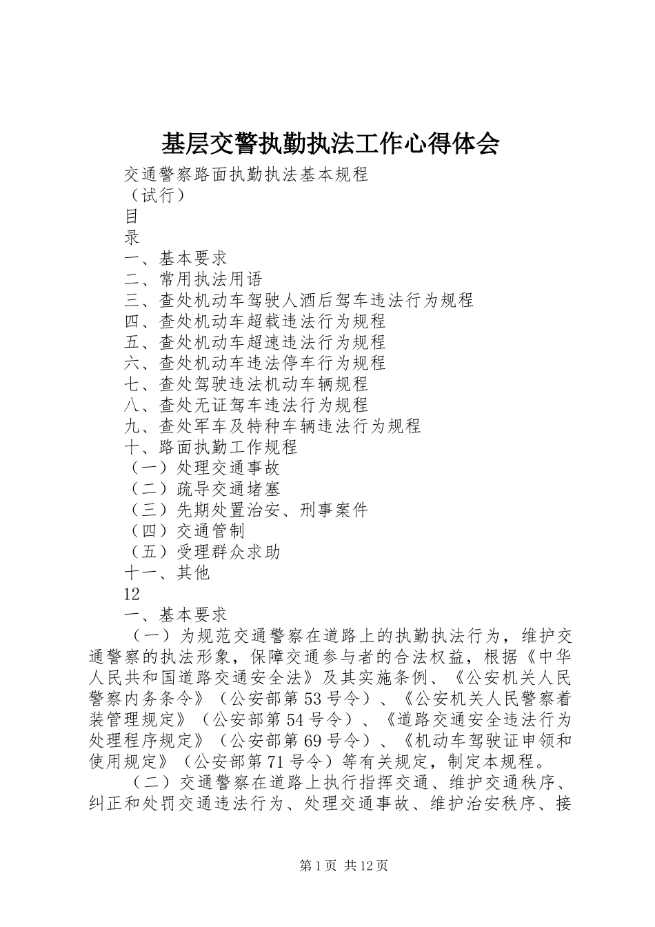 基层交警执勤执法工作心得体会_第1页