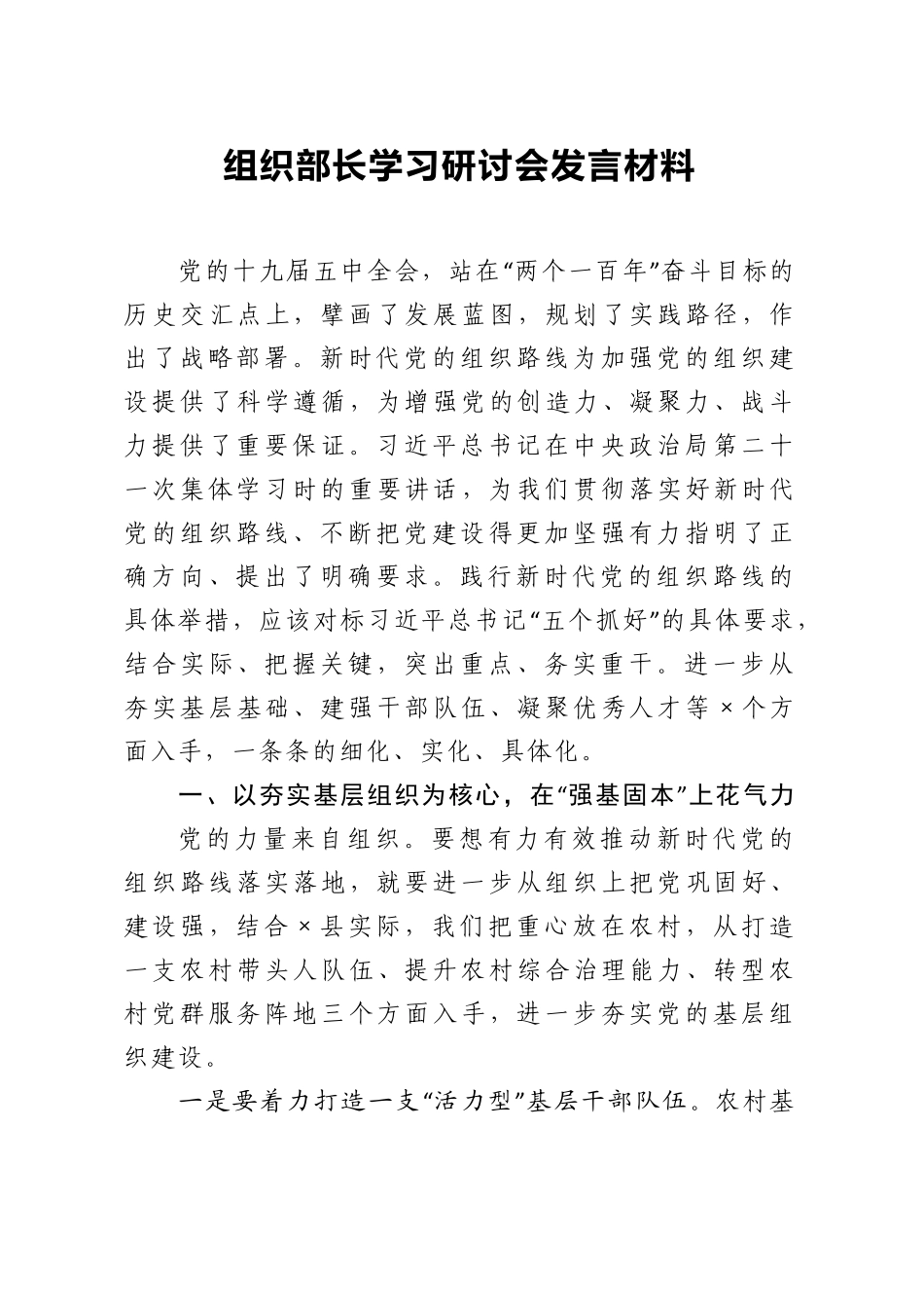 组织部长学习研讨会发言材料(贯彻落实好新时代党的组织路线 )_第1页