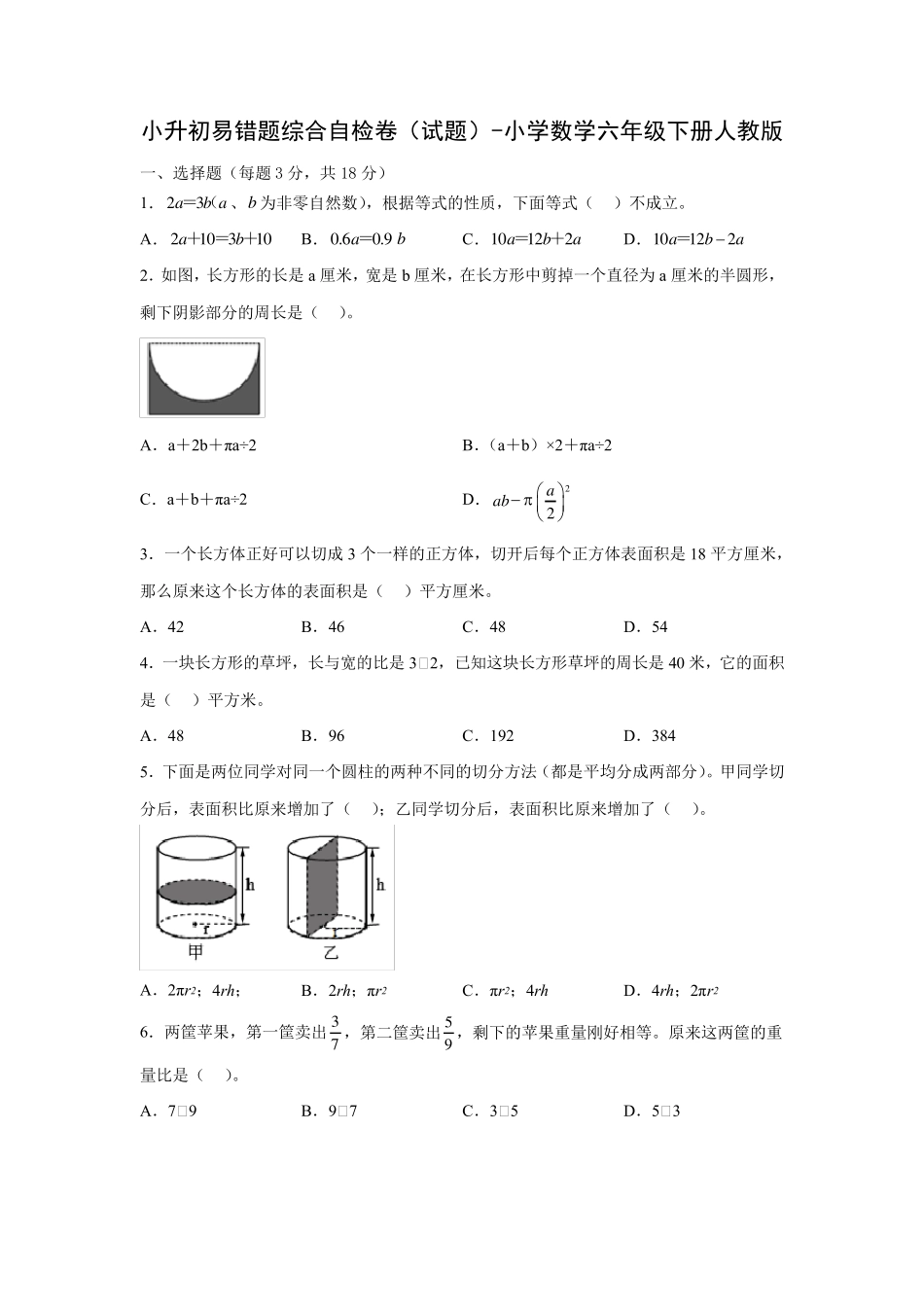 小升初易错题综合自检卷(试题)-小学数学六年级下册人教版 _第1页