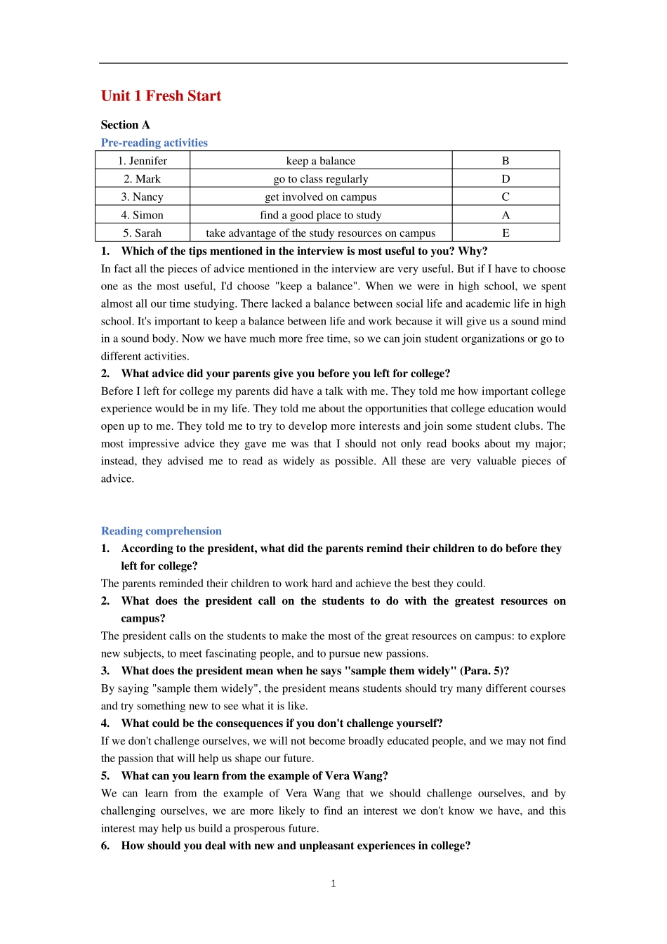 新视野大学英语(第三版)读写教程第一册Unit1教案及课后答案 _第1页
