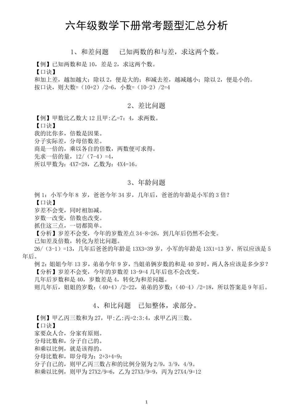小学数学六年级下册常考题型及易错题分析(直接打印每生一份比看书有效精品_第1页