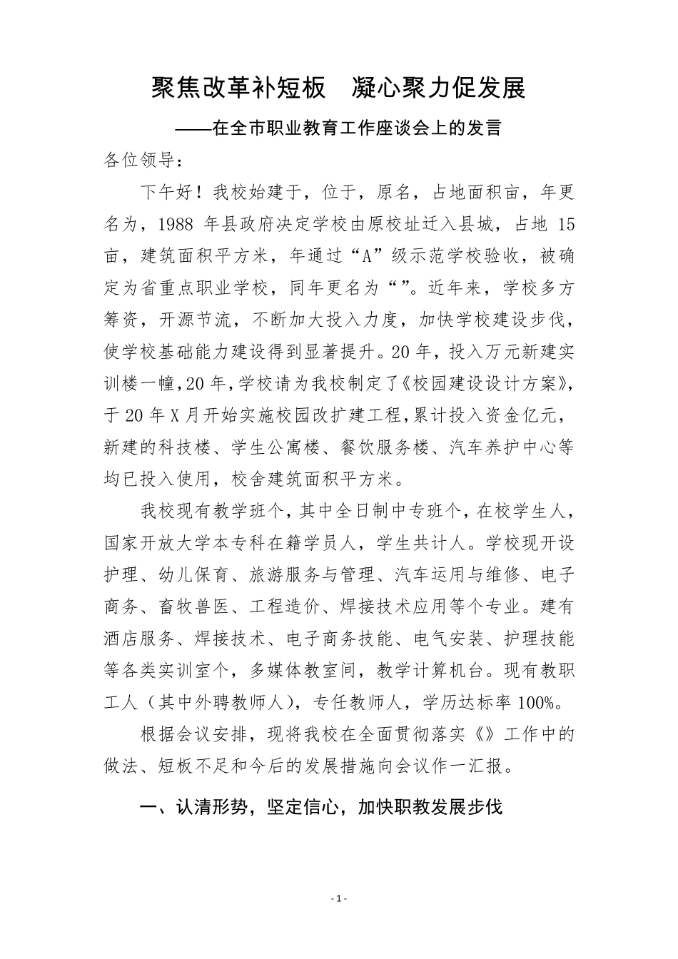 在全市职业教育工作座谈会上的发言(职业学校校长发言稿) _第1页