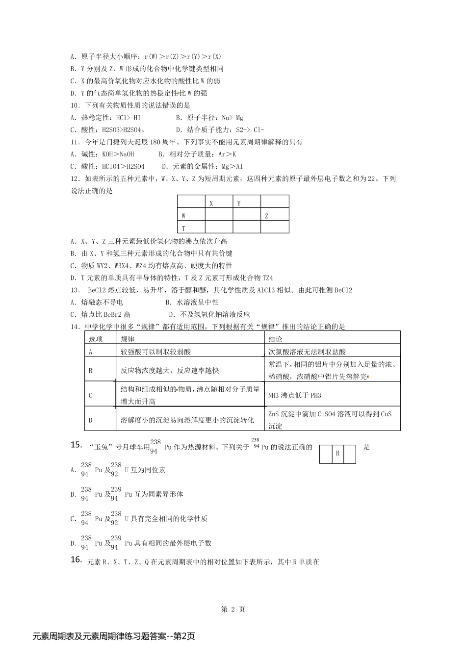 元素周期表及元素周期律练习题答案_第2页