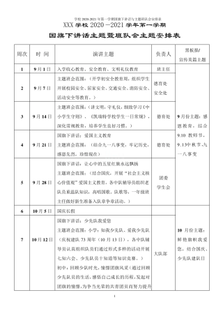学校2020-2021年第一学期国旗下讲话与主题班队会安排表 
