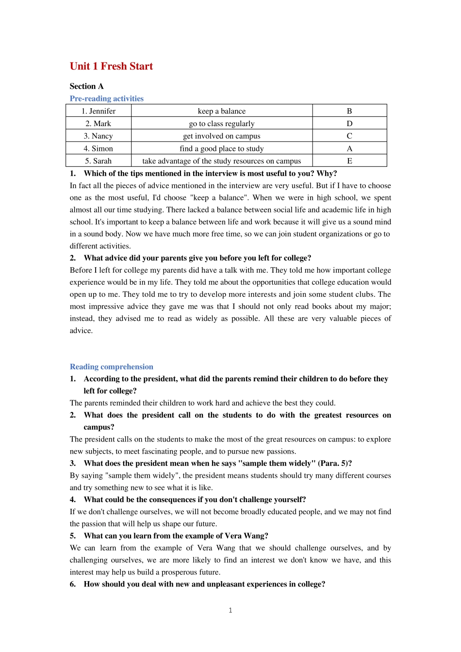 新视野大学英语第三版读写教程第一册Unit1课后习题答案 _第1页