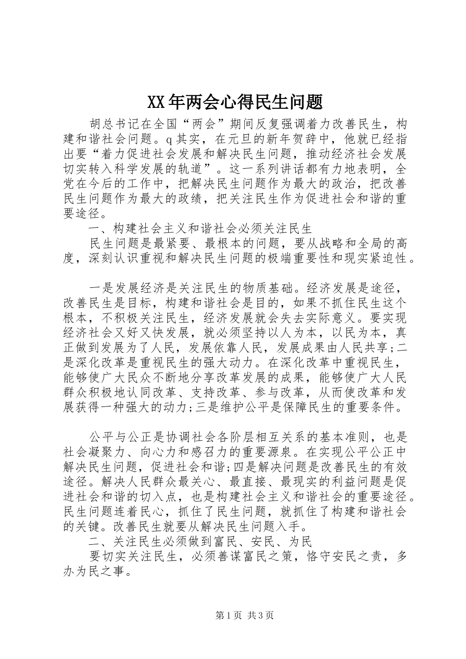 XX年两会心得民生问题_第1页