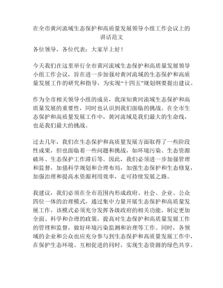 在全市黄河流域生态保护和高质量发展领导小组工作会议上的讲话范文