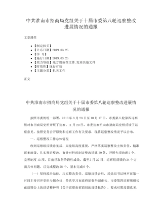 中共淮南市招商局党组关于十届市委第八轮巡察整改进展情况的通报
