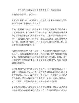在全区生态环保问题工作推进会议上的表态发言 