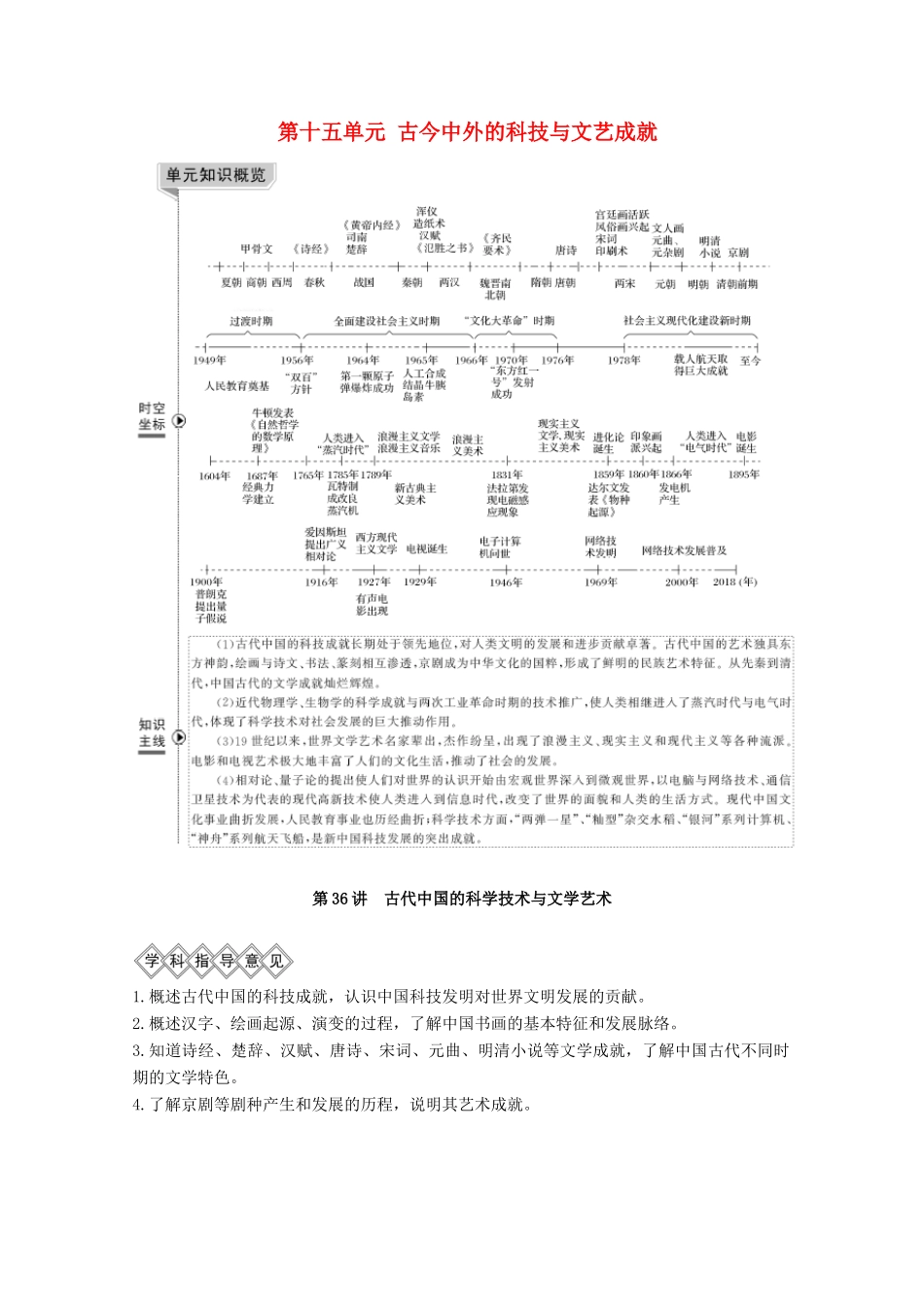 （鲁津京琼专用）2020版高考历史总复习 第十五单元 古今中外的科技与文艺成就 第36讲 古代中国的科学技术与文学艺术教案（含解析）新人教版-新人教版高三全册历史教案_第1页