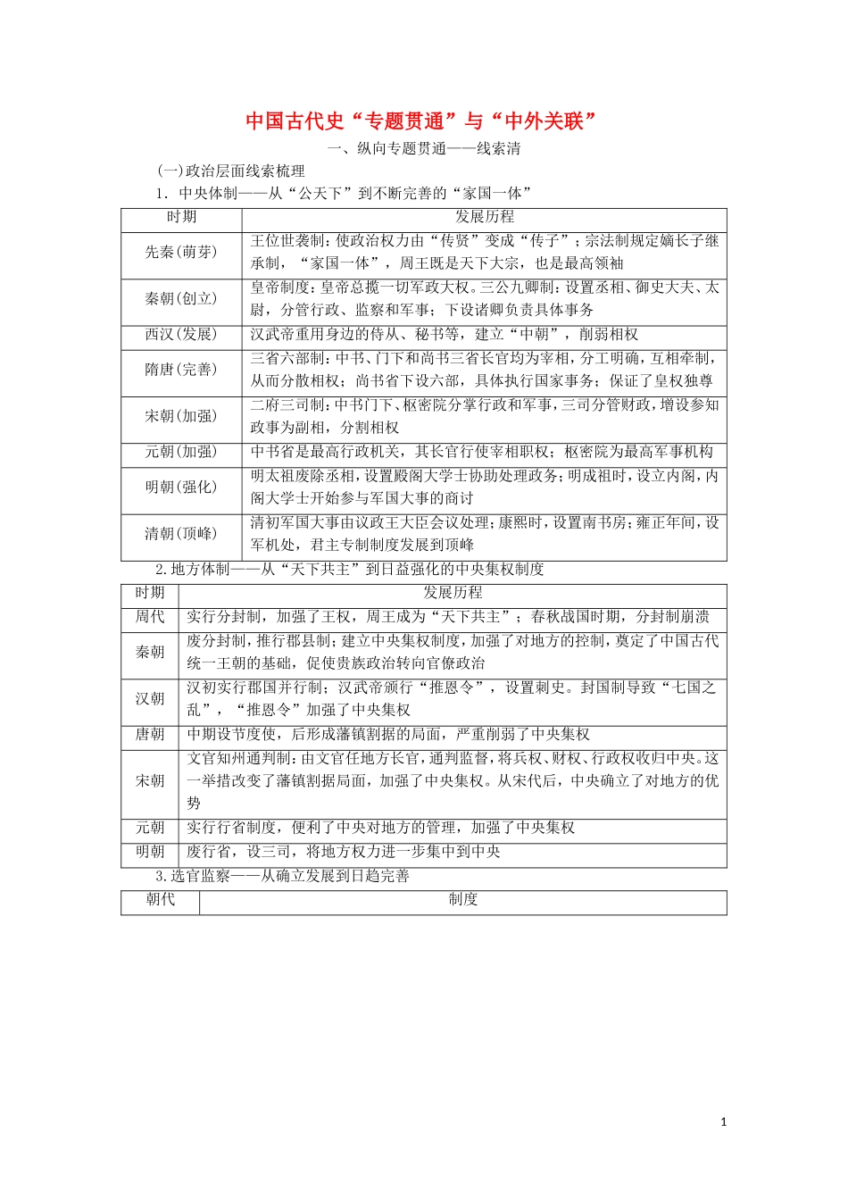 （通史版）高考历史二轮复习 第1部分 第1篇 中国古代史“专题贯通”与“中外关联”教师用书-人教版高三全册历史教案_第1页