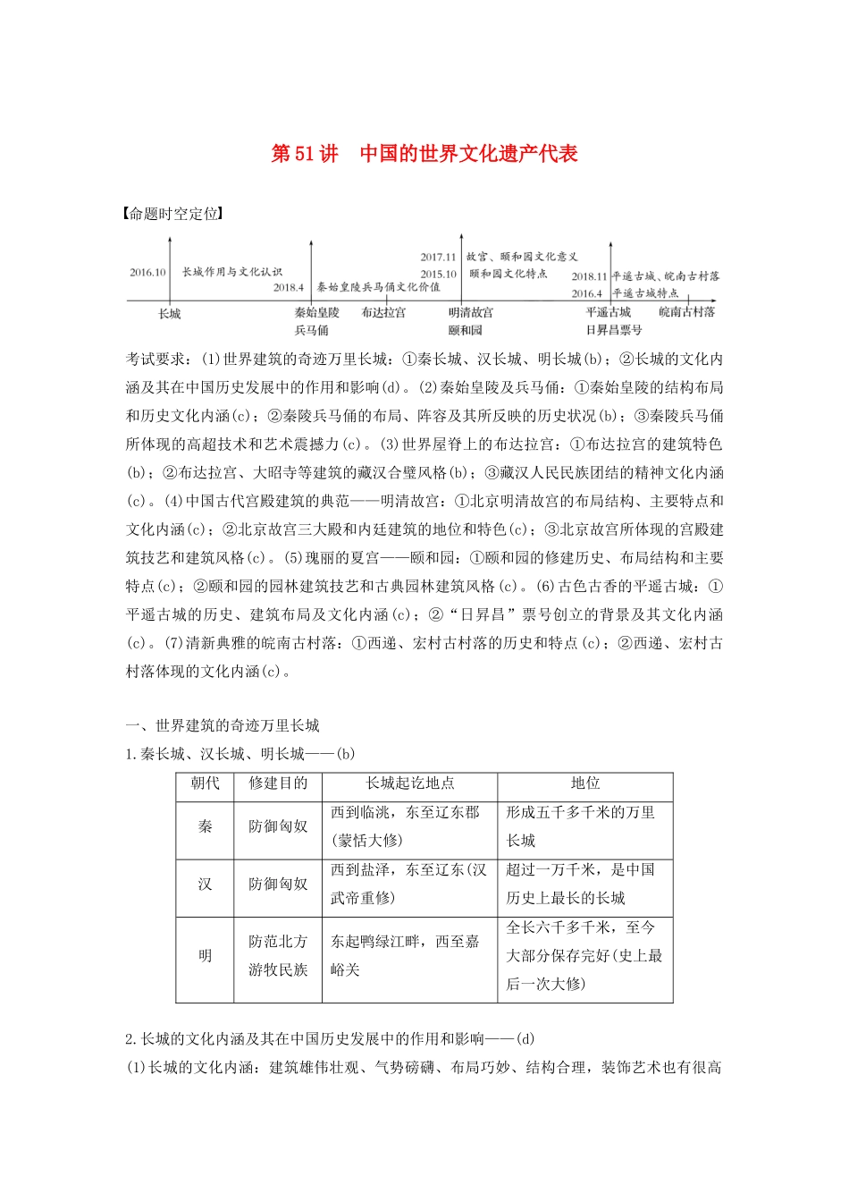 （浙江选考）版高考历史大一轮复习 世界文化遗产荟萃 第51讲 中国的世界文化遗产代表教案（含解析）人民版选修6-人民版高三选修6历史教案_第1页